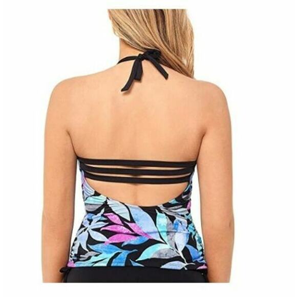 Salt+Cove Tropic Like Its Hot Printed Ruched Halter Tankini Top M Teal Blue New - Picture 2 of 6
